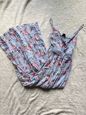 Arden B. Light Blue Floral Lightweight Wide Leg Jumpsuit with Cutout